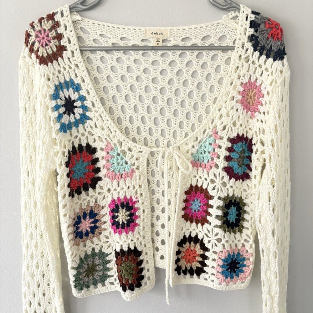 Debut Womens Small Granny Square Cropped Crochet Boho Cardigan Colorful White